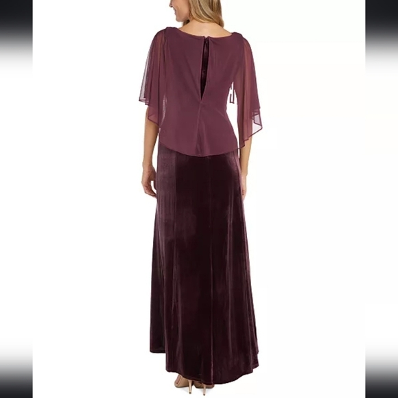 NWT R&M Richards Petite Chiffon-Cape Cowlneck Velvet Gown in Wine Size 4P - Picture 2 of 15